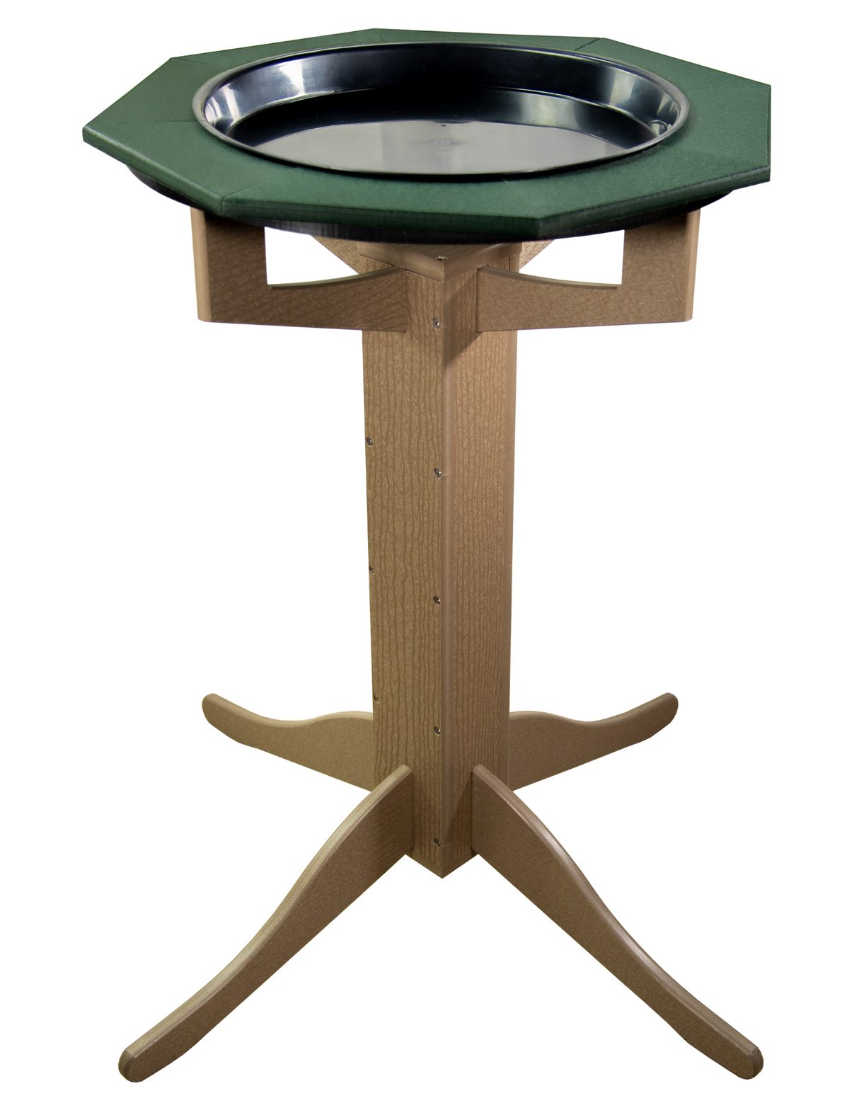 JCS Wildlife Poly Lumber Tan Pedestal Garden Bird Bath with green top and sturdy design for birds to enjoy bathing.