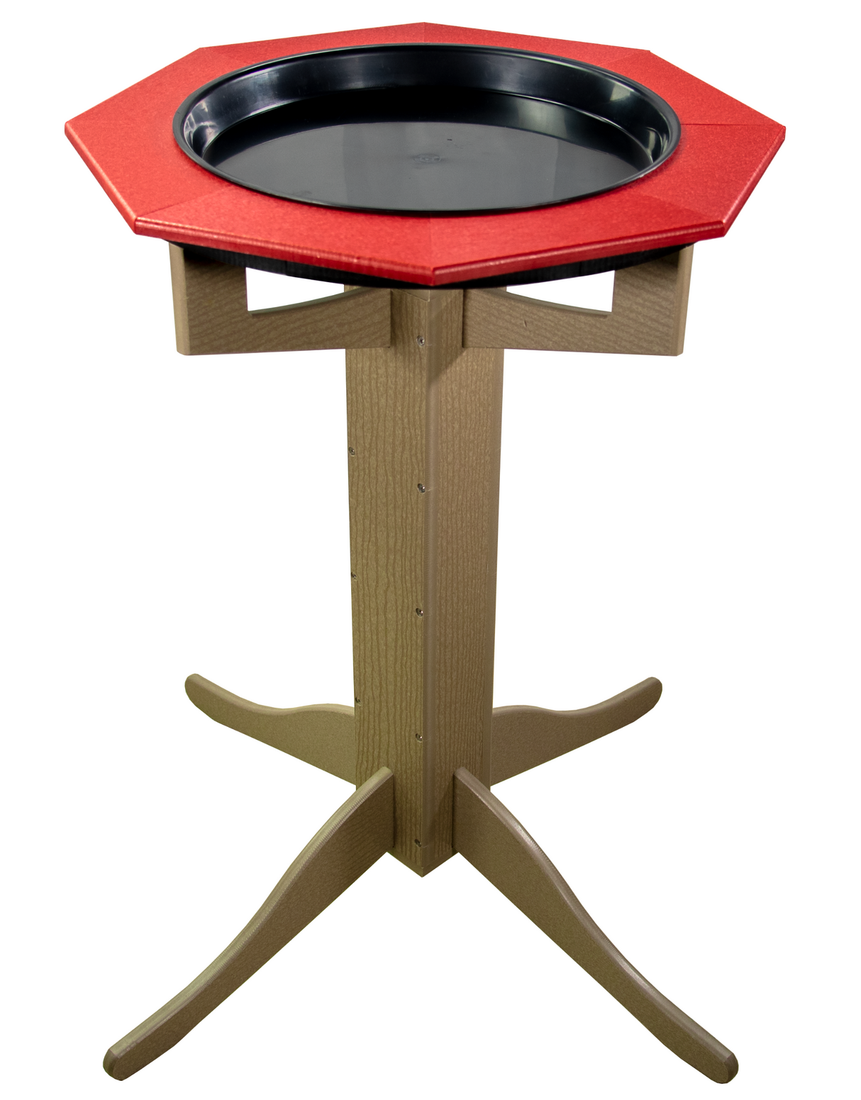 JCS Wildlife Poly Lumber Tan Pedestal Garden Bird Bath with red top and black basin, easy to clean and durable.