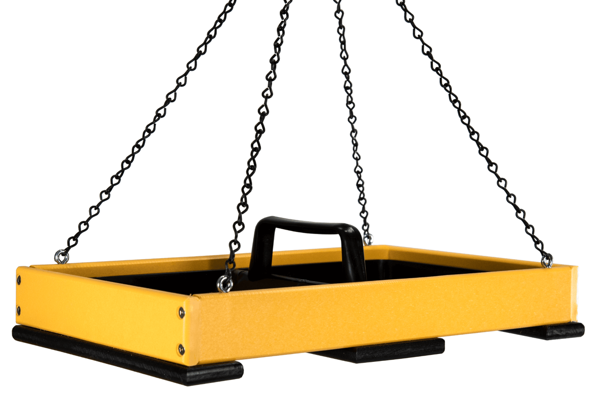 JCS Wildlife Large Poly Lumber Hanging Platform Feeder in yellow with chains, perfect for attracting birds to your garden.