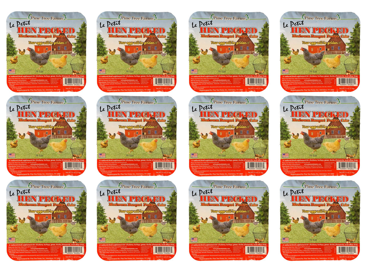 Pine Tree Farms Hen Pecked Mealworm Poultry Cake 7.5 oz packaging, ideal for feeding various fowl.