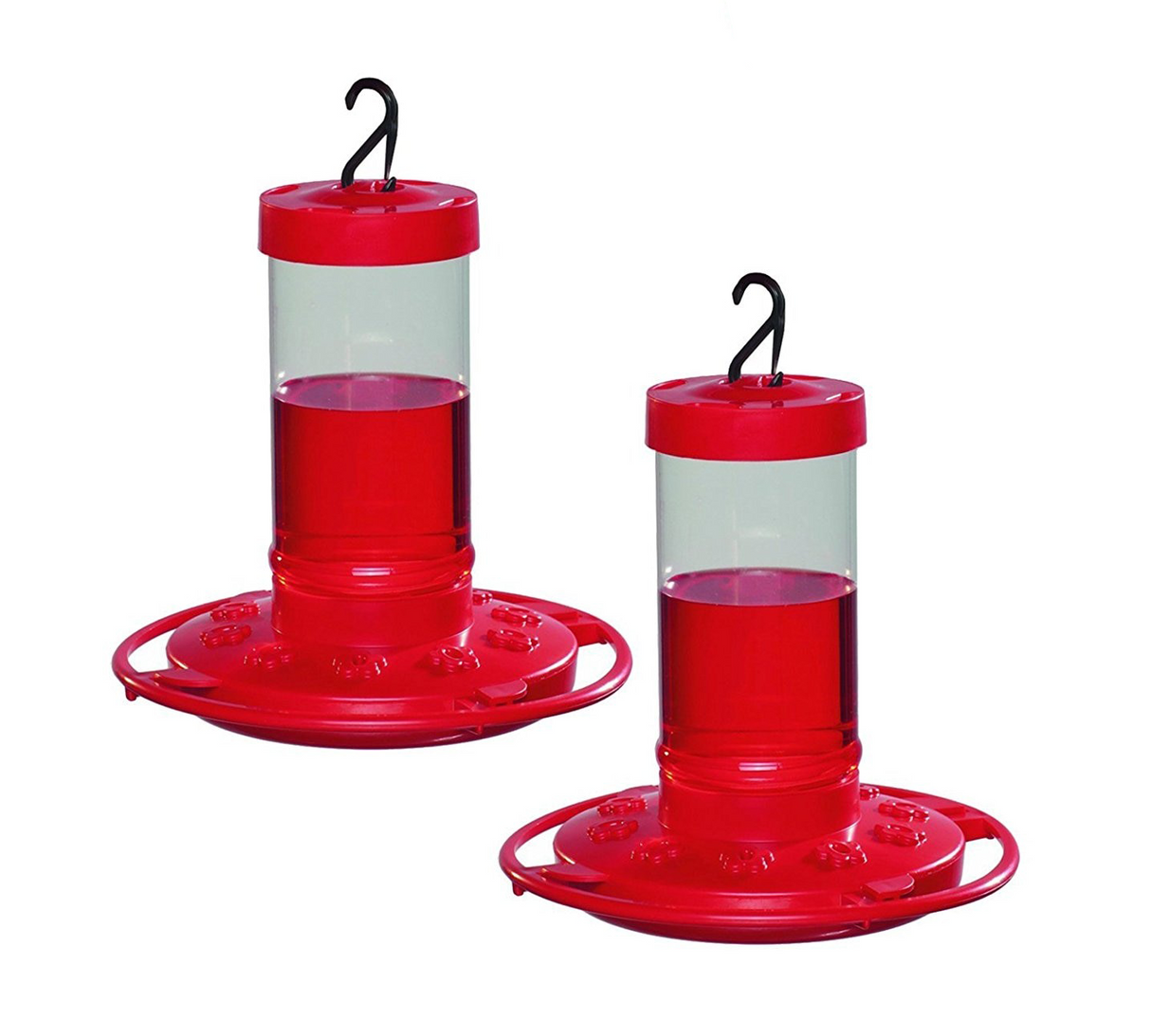 Product shot of two red plastic hummingbird feeders with clear reservoirs filled with red nectar and black hanging hooks