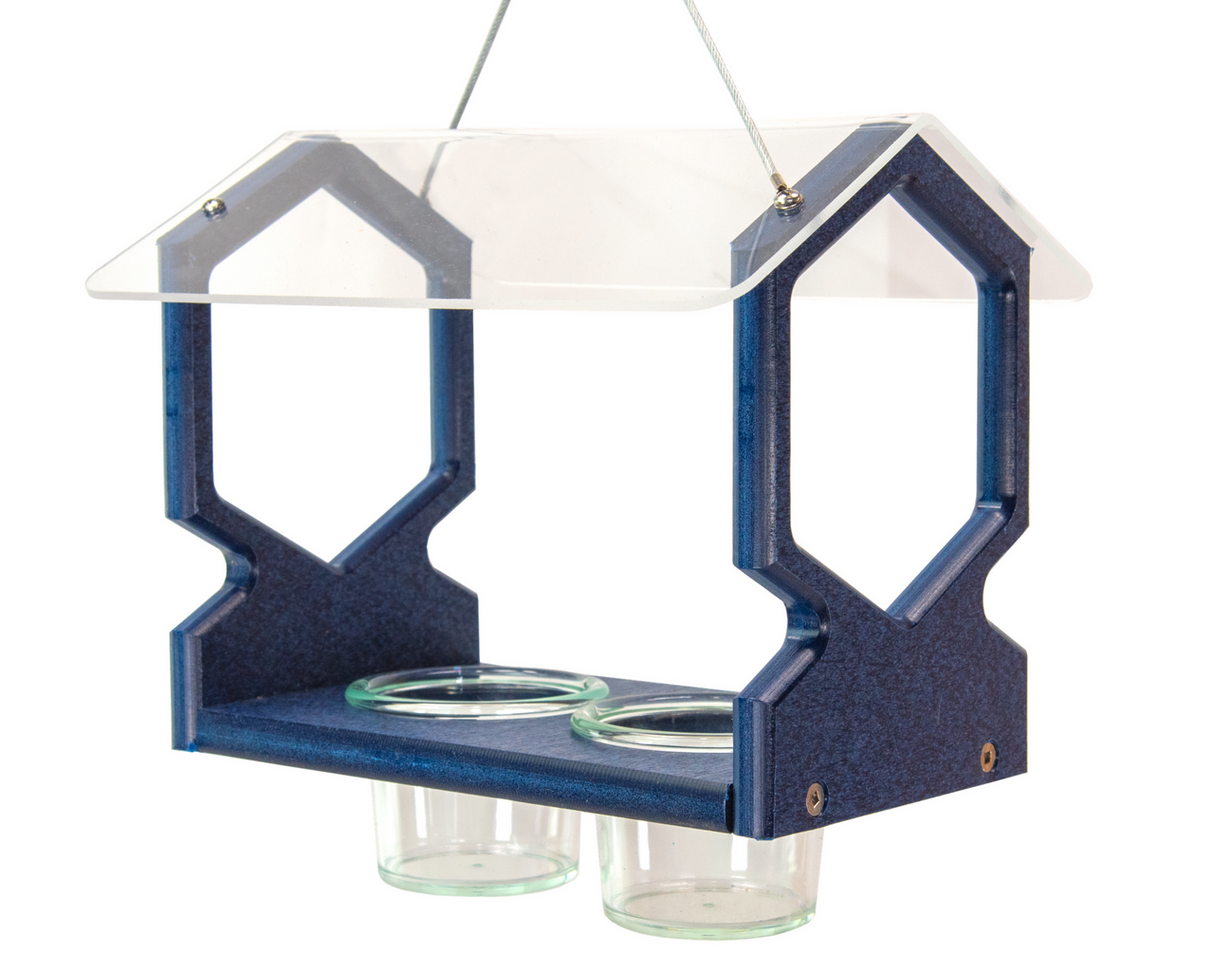 JCS Wildlife Geometric Hanging Bluebird Mealworm Feeder with two glass jars, made of recycled poly lumber in blue design.