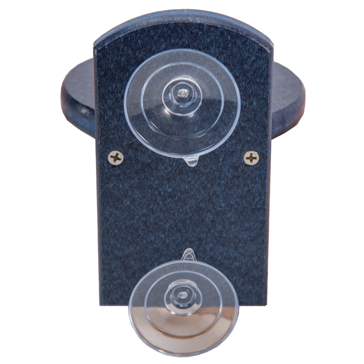 Product shot of a dark gray plastic suction cup bird feeder with two clear suction cups and small visible screws