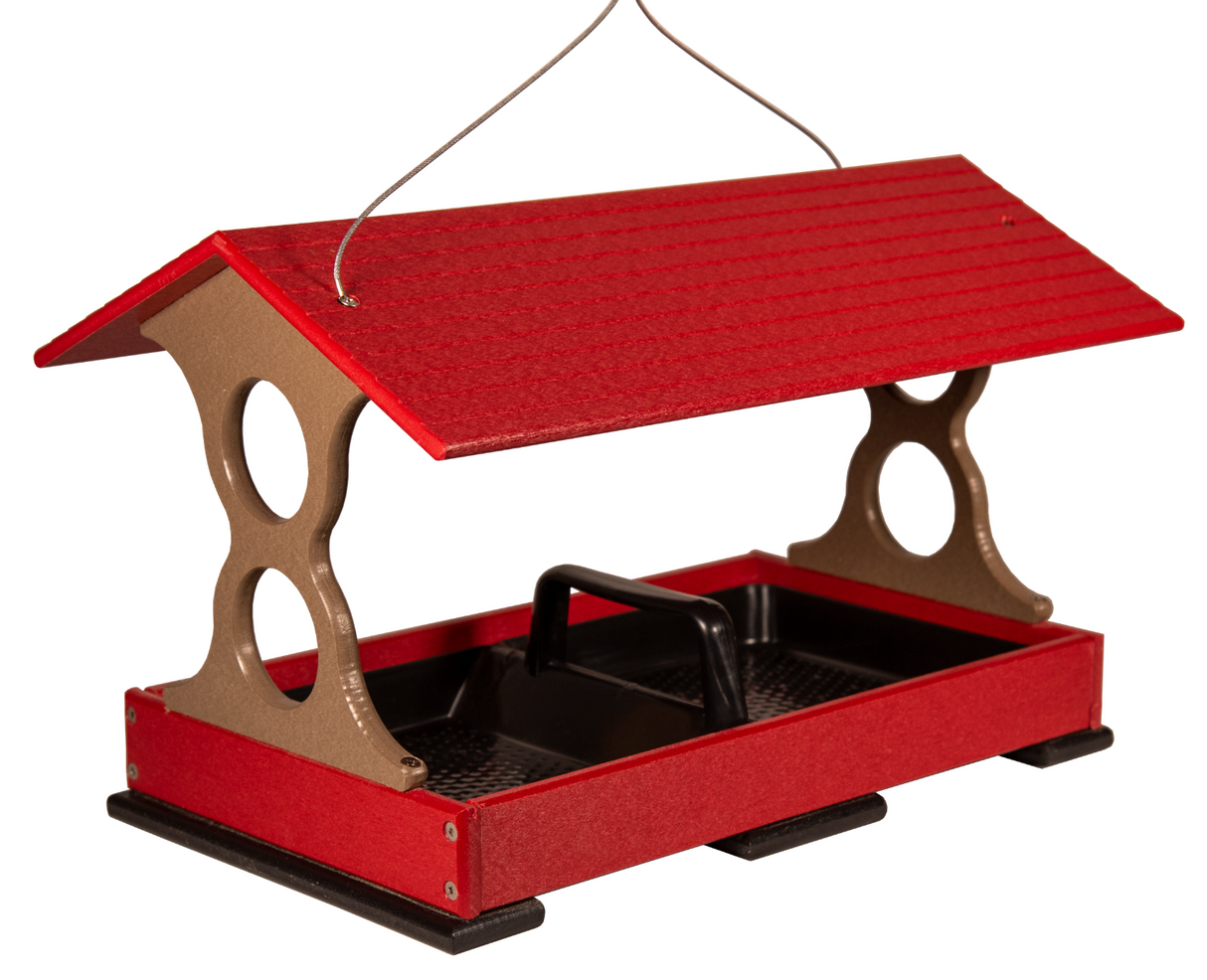 Plastic bird feeder red roof taupe supports black tray hanging wire