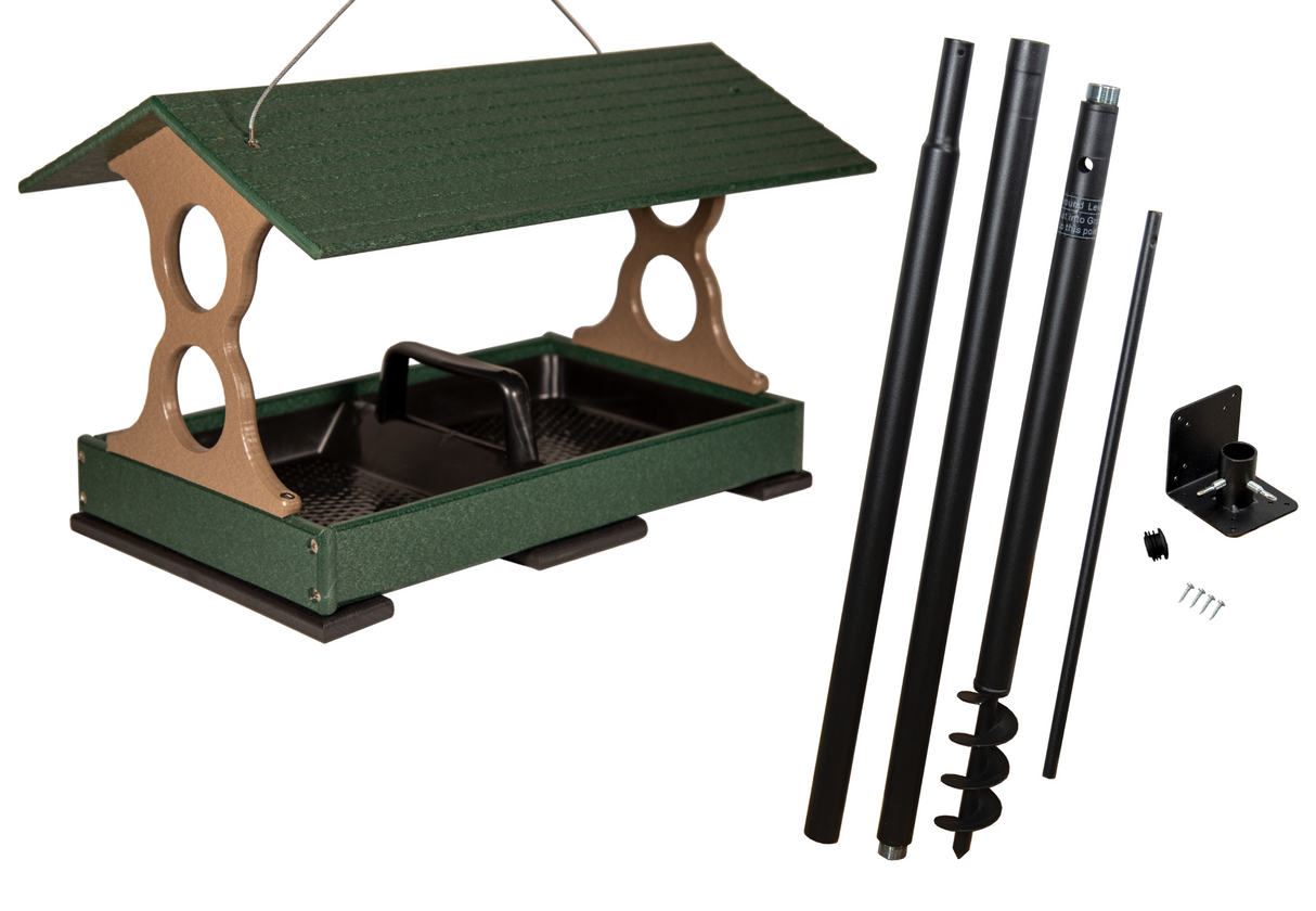 Product shot showing a green and tan plastic bird feeder with a dark green roof and black base on a stand with adjustable poles and ground auger