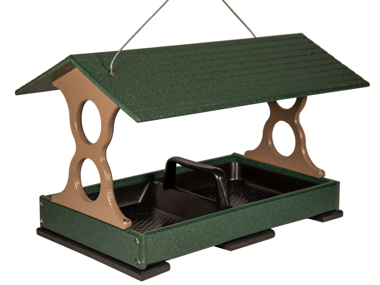 Plastic recycled bird feeder with dark green roof, tan supports, and a black tray featuring a convenient handle for easy cleaning