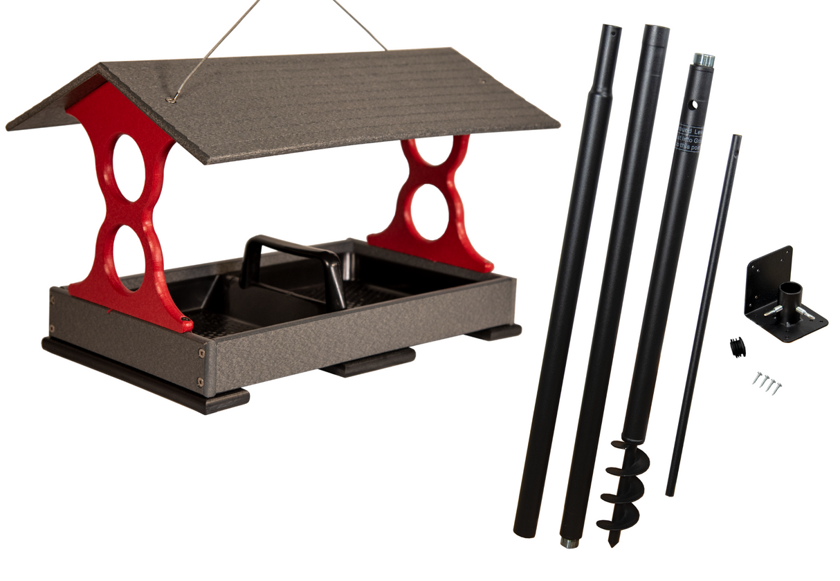 Product shot of a gray and red recycled plastic bird feeder with a black tray and accompanying ground stake featuring three adjustable black poles and mounting hardware