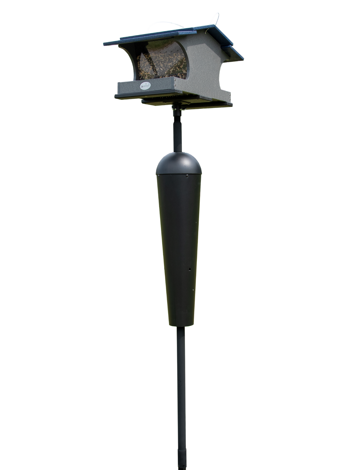 Product photo showing a gray and blue plastic bird feeder with a black pole and reservoir against a white background featuring a clear seed viewing window a dark gray body and a blue roof