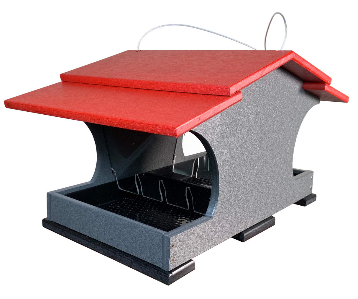 Recycled plastic bird feeder with a vibrant red roof and gray body featuring a clear plastic seed tray and small black feet
