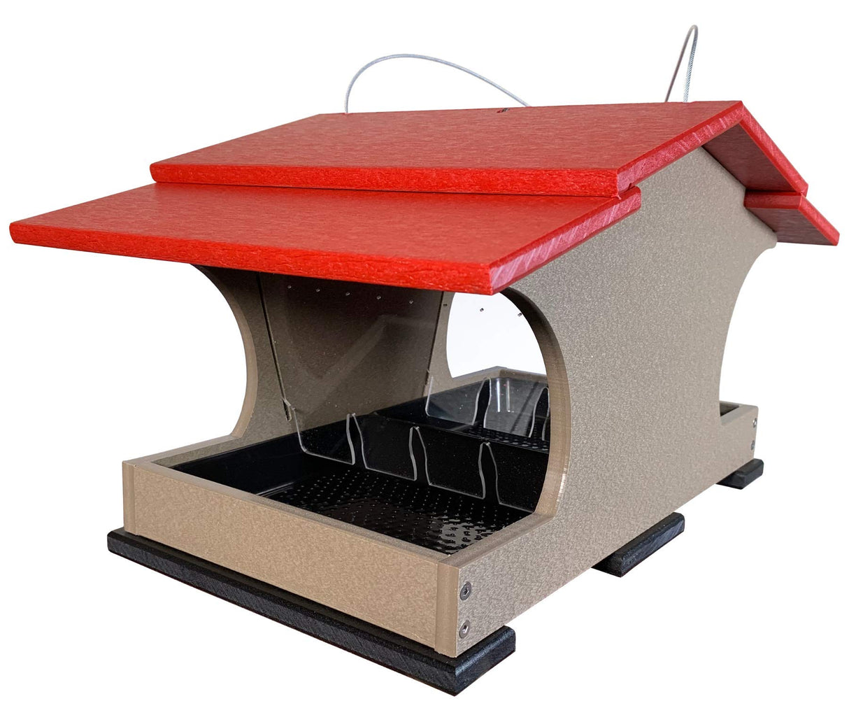 Plastic bird feeder with a red roof and taupe body featuring a clear acrylic seed tray and black base