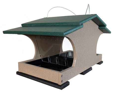 Recycled plastic bird feeder with a green roof, taupe body, and clear acrylic dividers for seed dispensing.