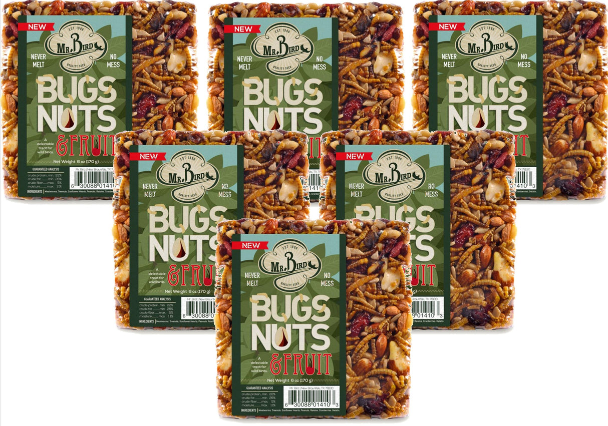 Mr. Bird Bugs, Nuts, & Fruit Small Wild Bird Seed Cake 6 oz. packs displayed together for wild birds.