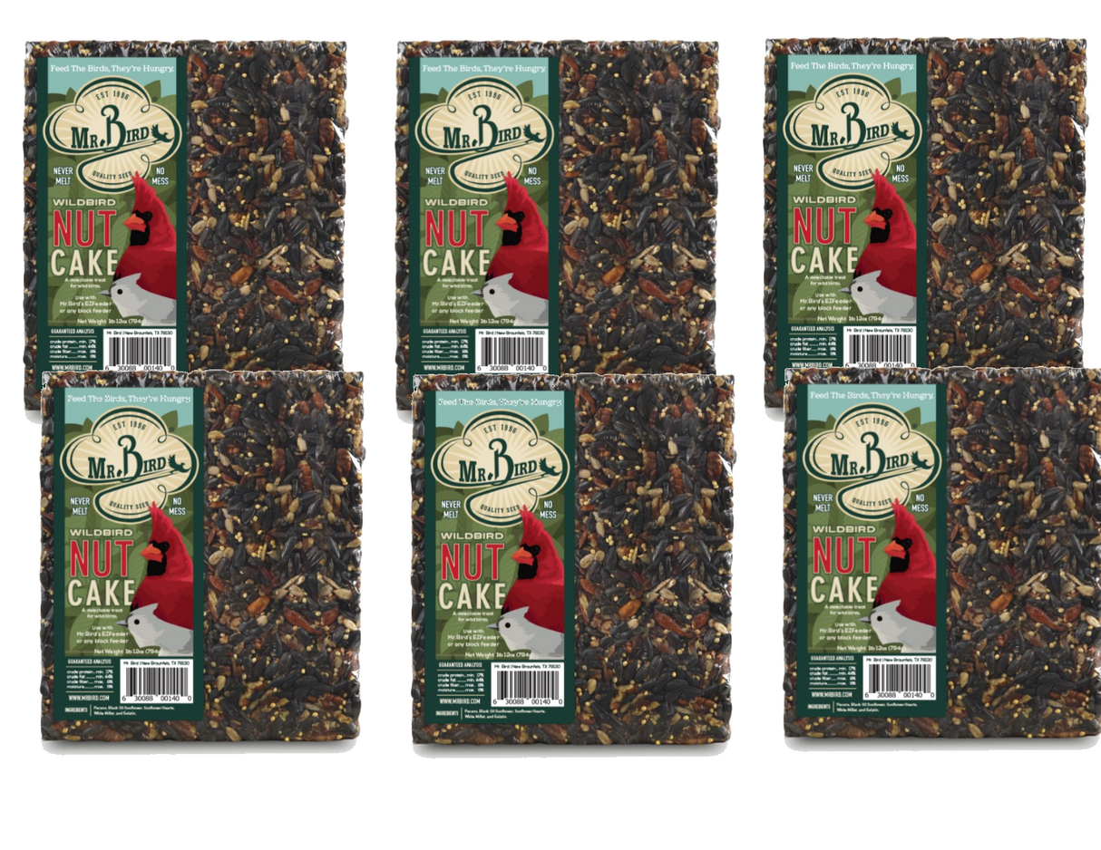 Mr. Bird WildBird Nut Cake XL, 1 lb. 12 oz. seed cakes in packs of 6, ideal for attracting various birds.