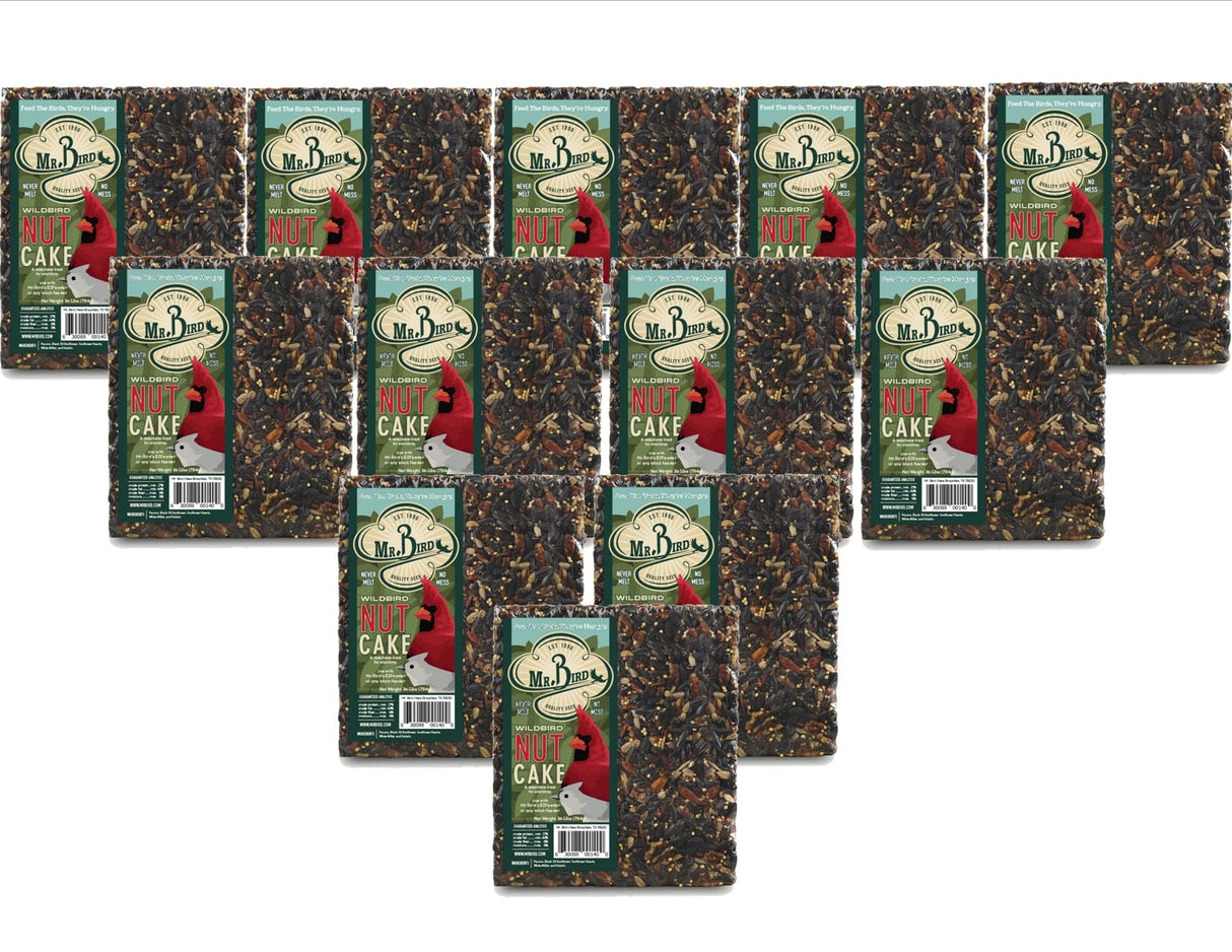 Mr. Bird Nut Cake XL 1 lb. 12 oz. wild bird seed cakes arranged in a grid, promoting a variety of visiting birds.