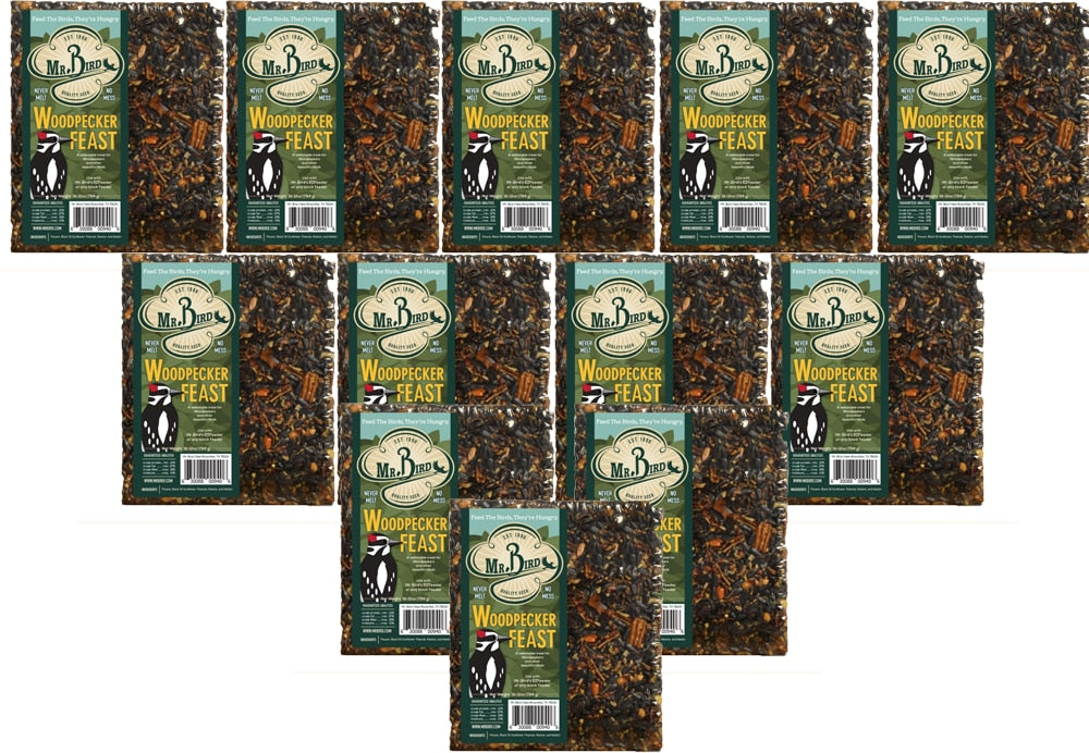 Mr. Bird Woodpecker Feast 12 pack of large wild bird seed blocks featuring nutritious snacks for birds.