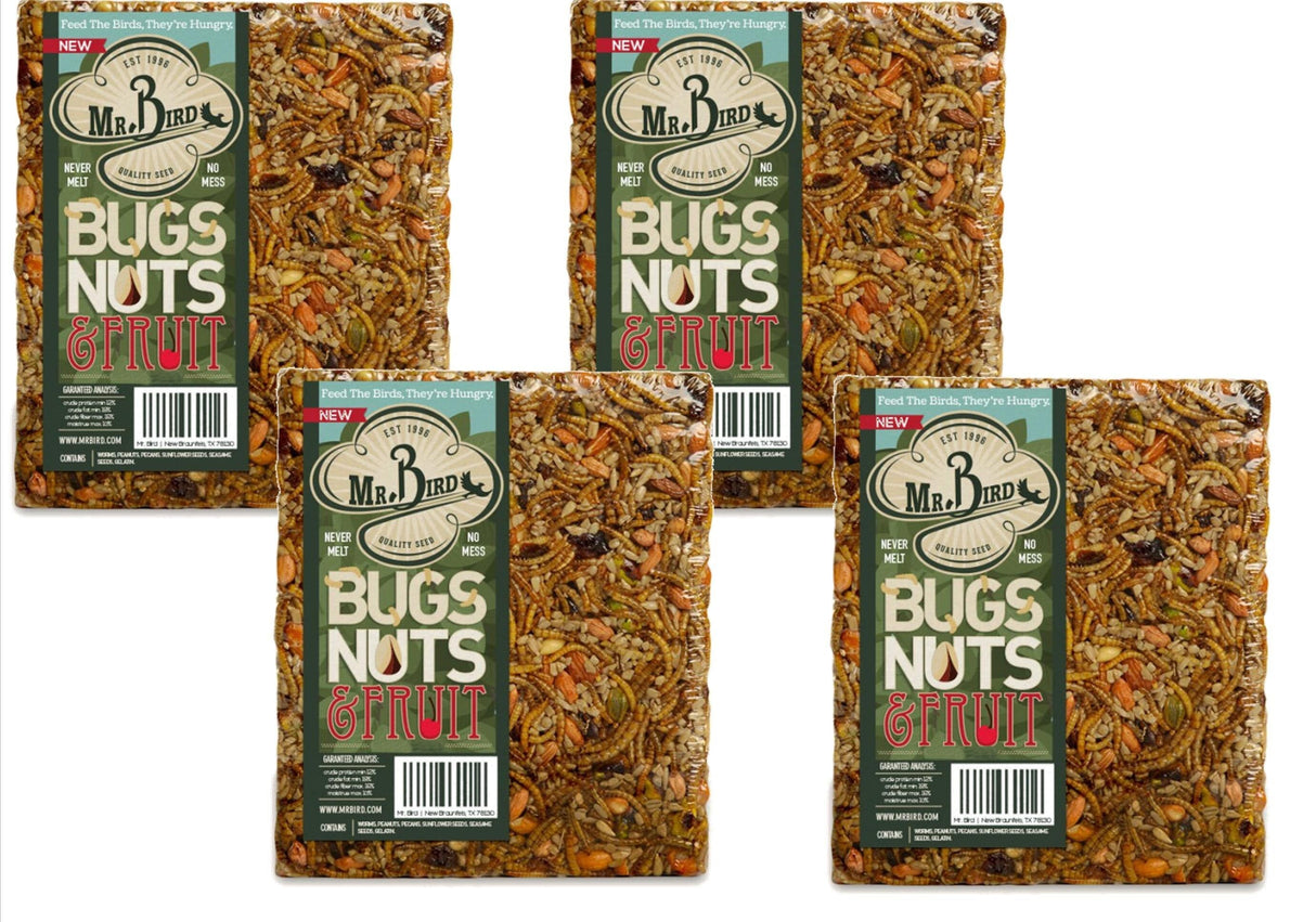 Mr. Bird Bugs, Nuts, & Fruit Large Wild Bird Seed Cake 1 lb. 10 oz. pack of four, ideal for attracting wild birds.