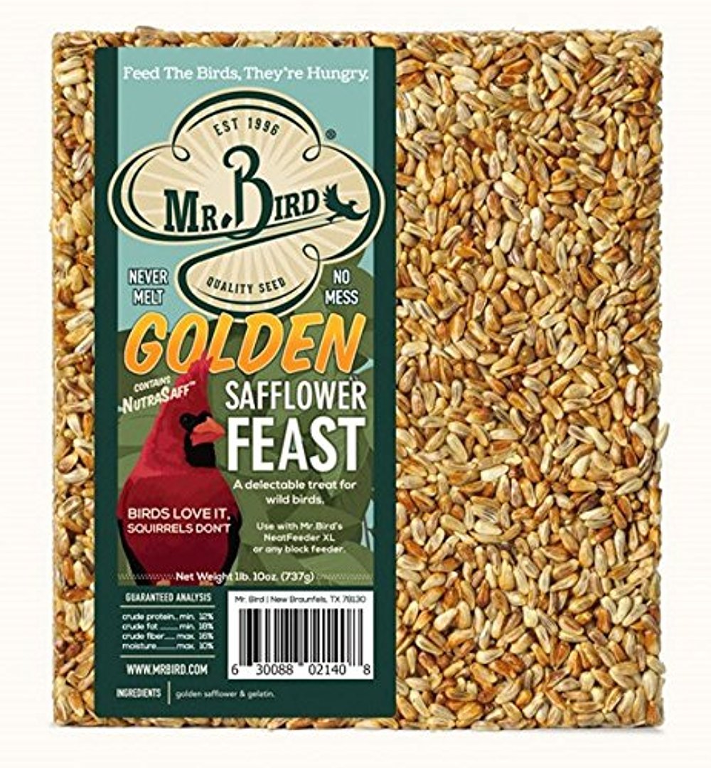 Mr. Bird Golden Safflower Feast large wild bird seed block, 1 lb. 10 oz., ideal for attracting cardinals and grosbeaks.