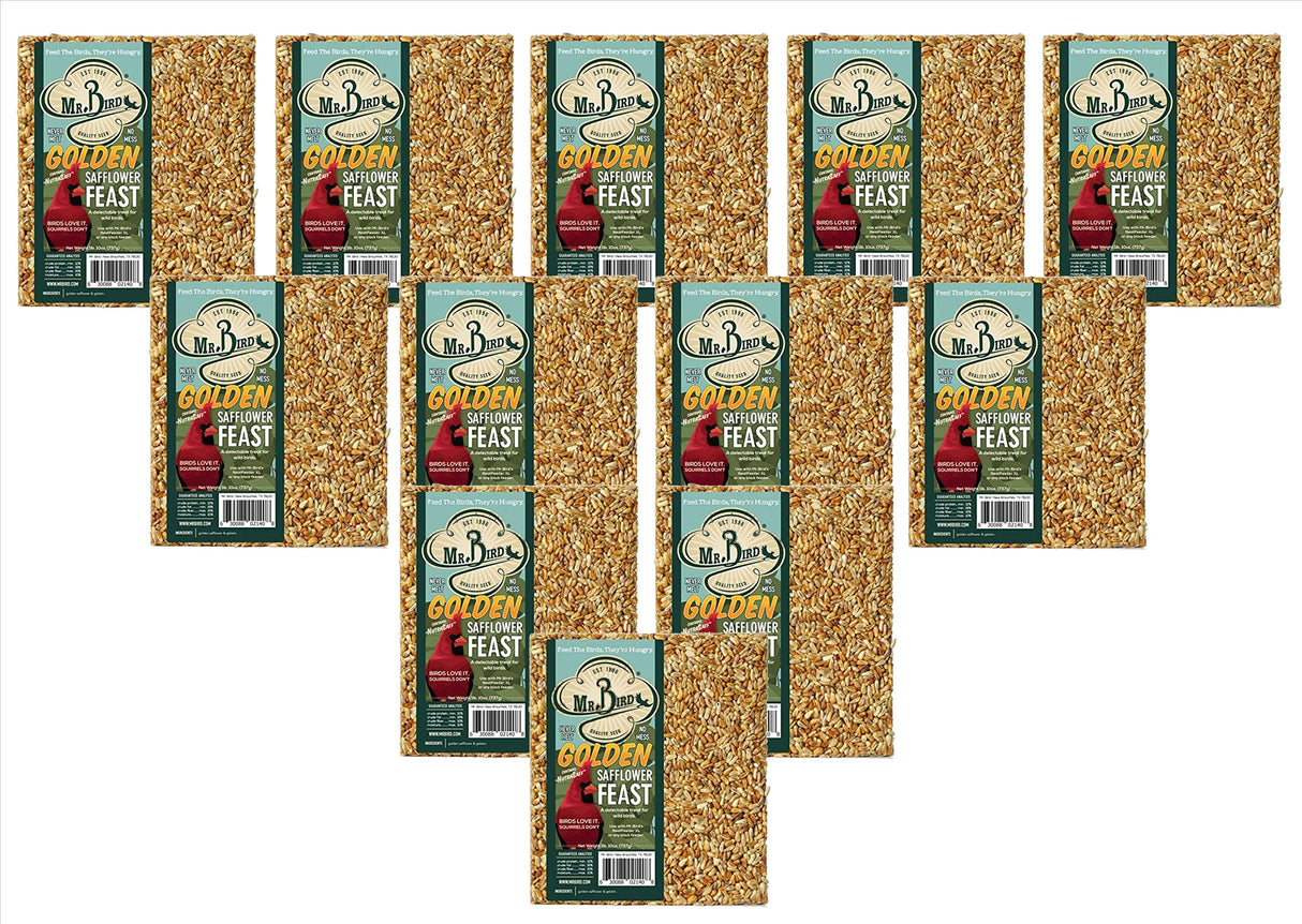 Mr. Bird Golden Safflower Feast Wild Bird Seed Blocks displayed in various packs, ideal for attracting cardinals and grosbeaks.