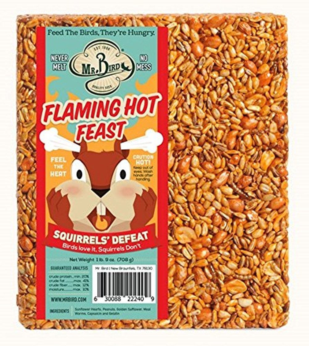 Mr. Bird's Flaming Hot Feast 1 lb. 9 oz. bird seed block designed to deter squirrels, featuring sunflower hearts and peanuts.