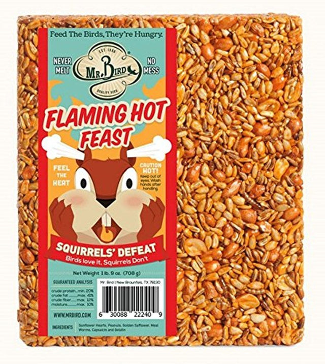 Mr. Bird's Flaming Hot Feast 1 lb. 9 oz. bird seed block designed to deter squirrels, featuring sunflower hearts and peanuts.