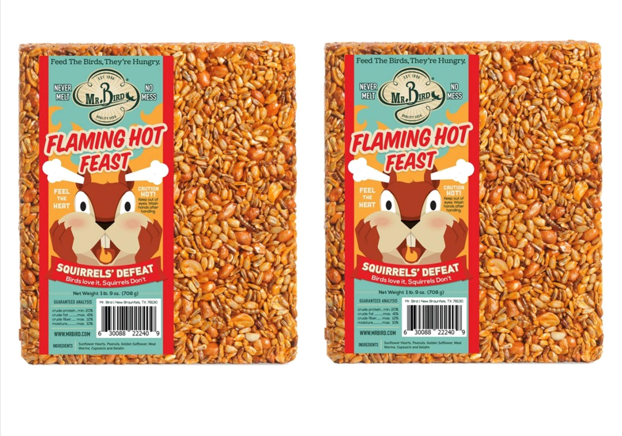 Mr. Bird's Flaming Hot Feast 1 lb. 9 oz. wild bird seed block, designed to deter squirrels while feeding birds.