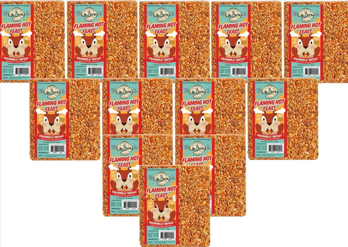 Multiple packs of Mr. Bird's Flaming Hot Feast Large Wild Bird Seed Block, featuring spicy bird food for squirrels.