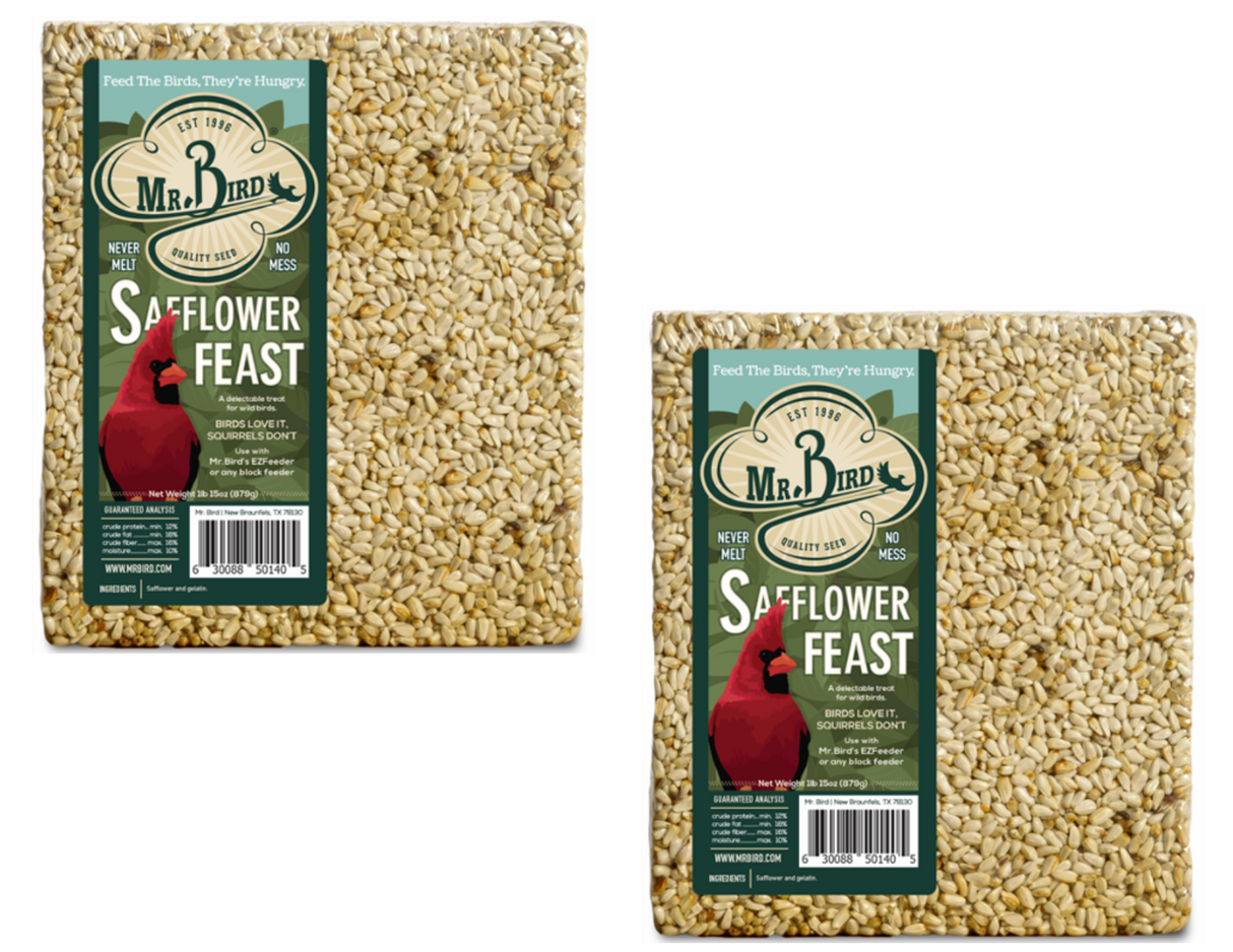 Mr. Bird Safflower Feast Large Wild Bird Seed Cake 1 lb. 15 oz. packaging with cardinal image for backyard bird feeding.