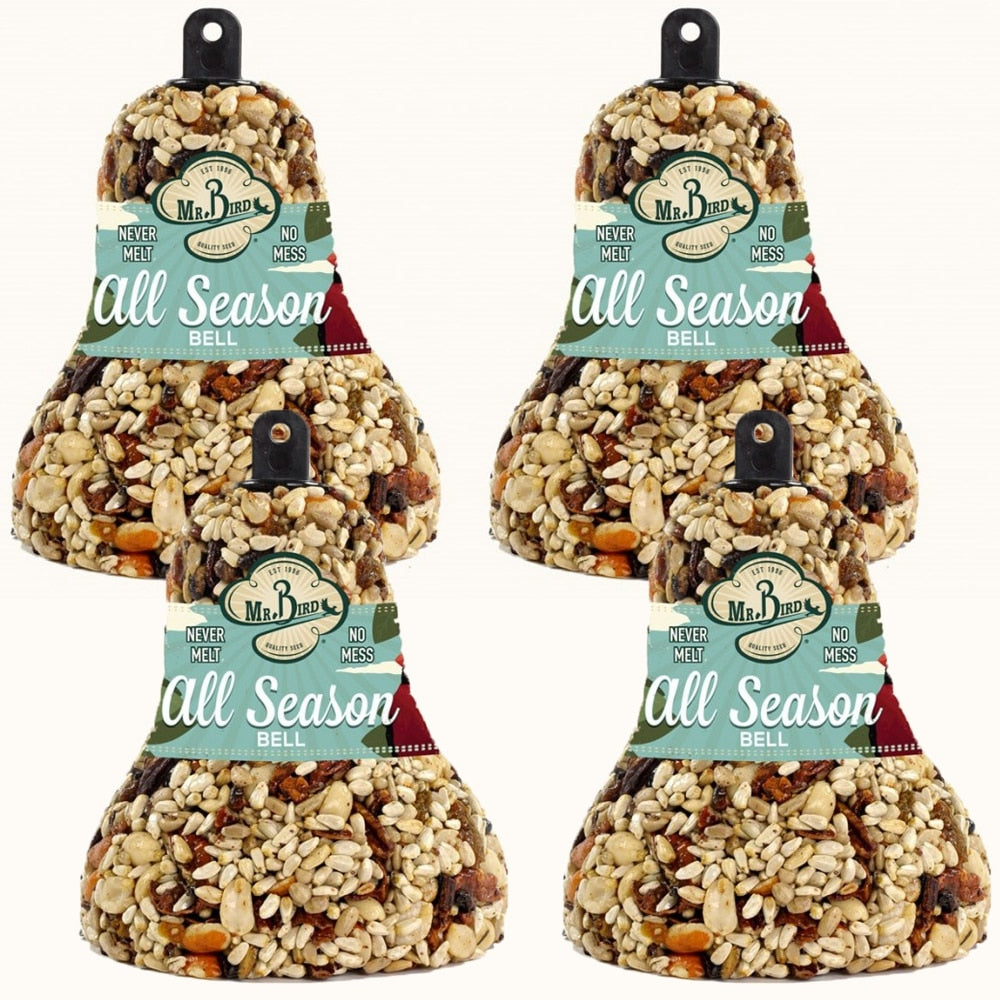 Mr. Bird All Season Fruit & Nut Wild Bird Seed Bell 14 oz., 4-pack, perfect for attracting wild birds without mess.