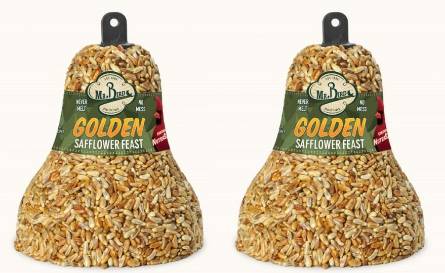 Mr. Bird Golden Safflower Feast Wild Bird Seed Bell - 10 oz, designed to attract birds while repelling squirrels.