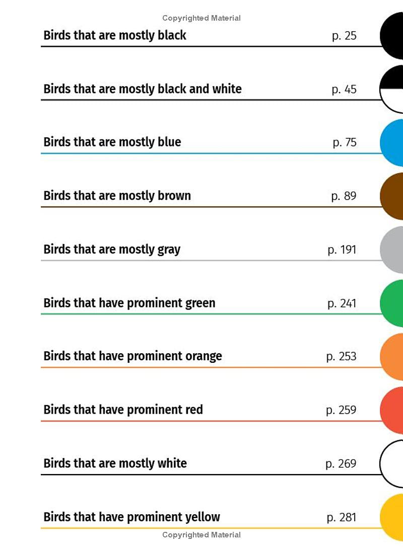 Graphic showing a color-coded index of bird types by color including black, white, blue, brown, gray, green, orange, red, and yellow color swatches and page numbers