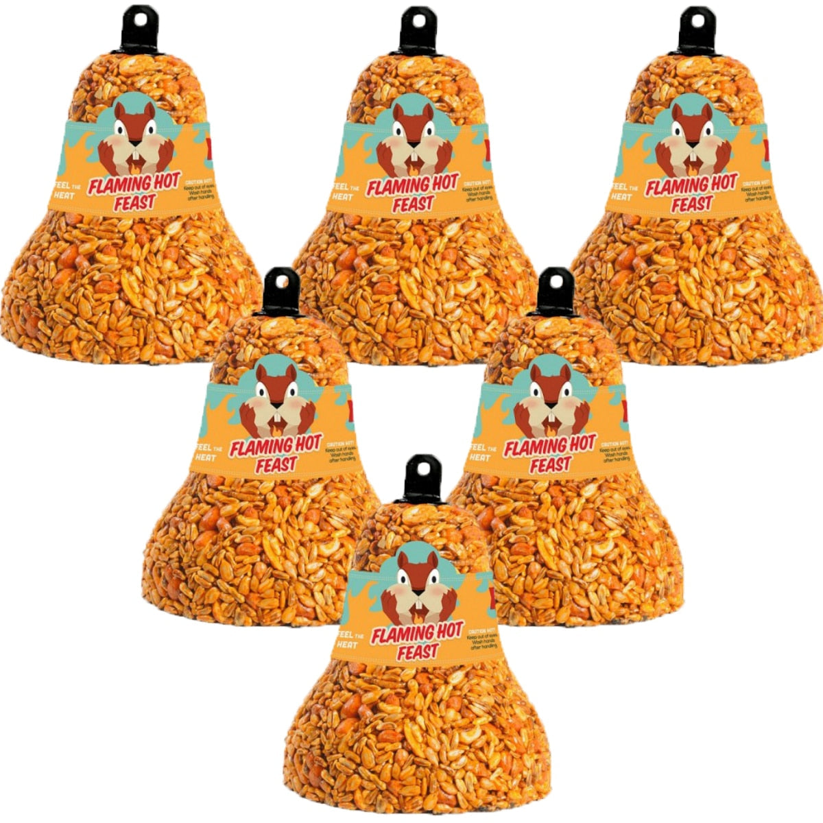 Mr. Bird Flaming Hot Feast Wild Bird Seed Bells in 6 pack, featuring spicy blend for attracting various birds.
