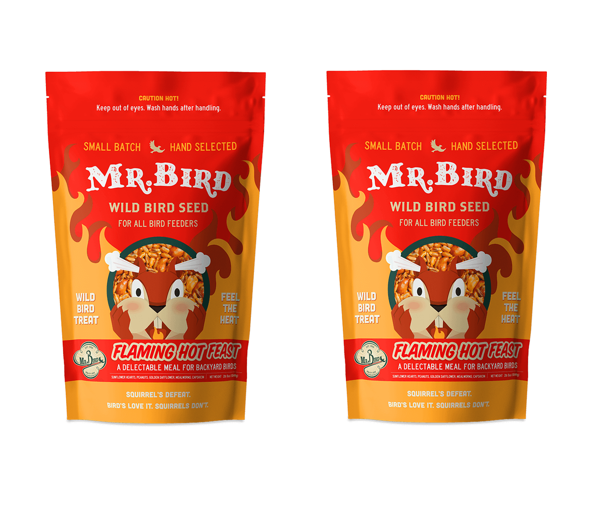 Mr. Bird Flaming Hot Feast Small Loose Seed Bag 2 lbs for birds with spicy seed blend, resealable packaging.