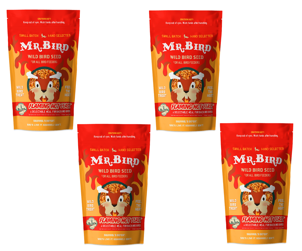 Mr. Bird Flaming Hot Feast Small Loose Seed Bag, 2 lbs, packaging featuring spicy bird seed to deter squirrels.