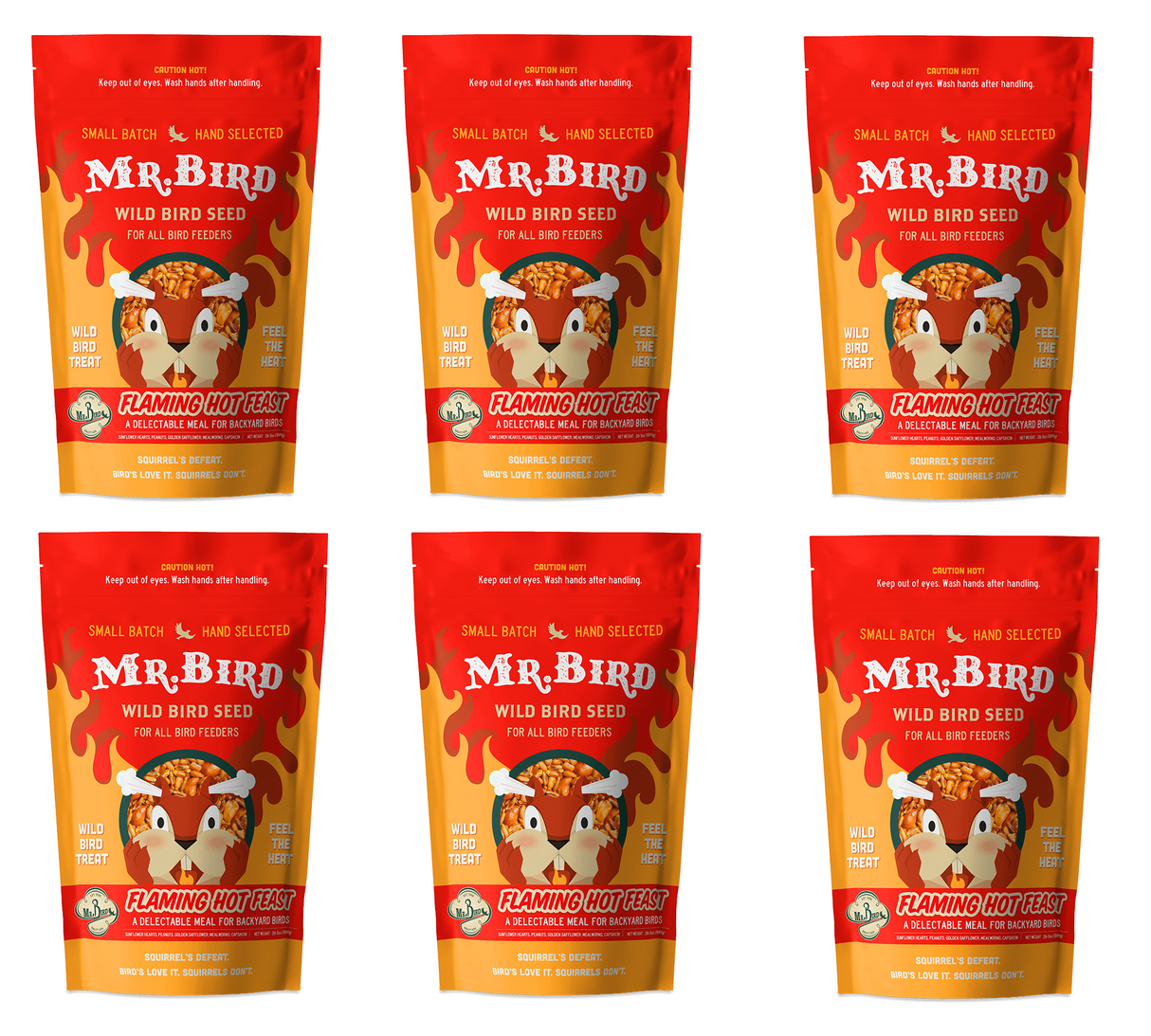 Mr. Bird Flaming Hot Feast Small Loose Seed Bags, 2 lbs, featuring spicy bird seed for wild birds, pack of 6.