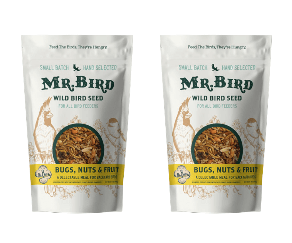 Mr. Bird Bugs, Nuts, & Fruit wild bird seed bags for all bird feeders, perfect for attracting diverse birds.