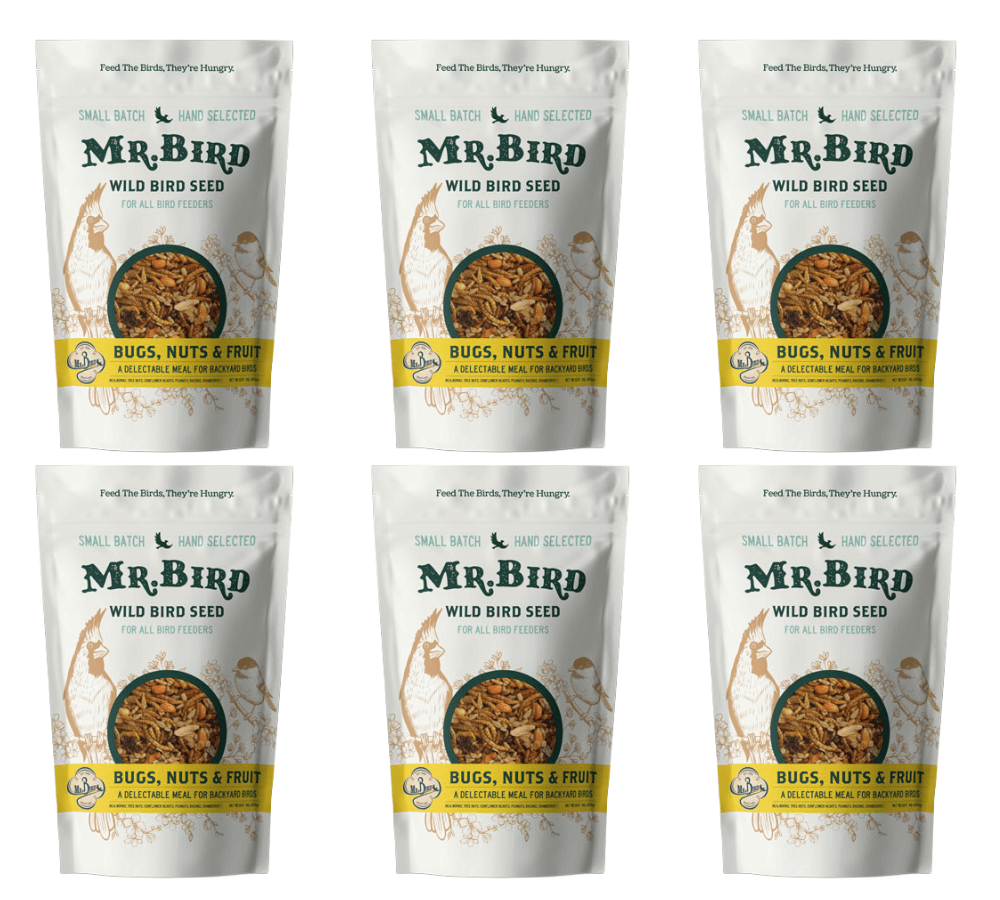 Mr. Bird Bugs, Nuts, & Fruit loose seed bags, 4 lbs, attracting birds with mealworms, nuts, raisins, and cranberries.