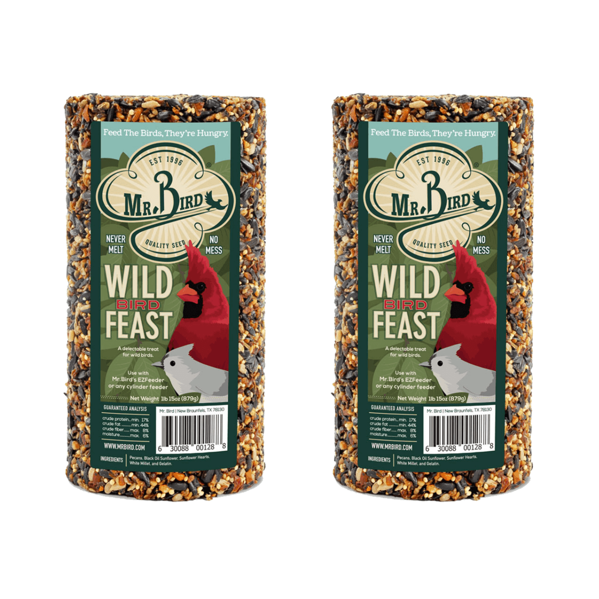 Mr. Bird Wild Bird Feast Birdseed Cylinder - 4 inch diameter pack of 2, filled with pecans and sunflower seeds.