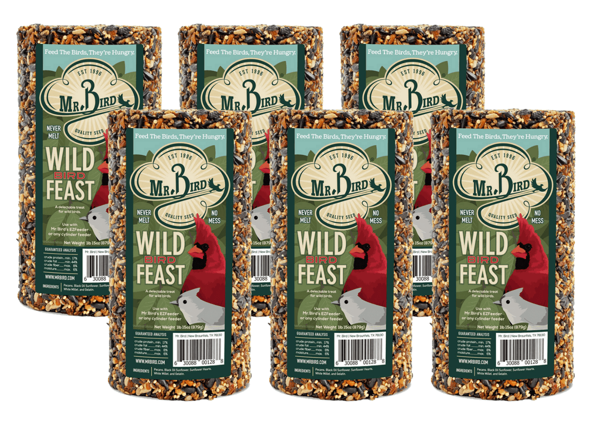 Mr. Bird Wild Bird Feast Birdseed Cylinders in packs, perfect for attracting wild birds with quality ingredients.