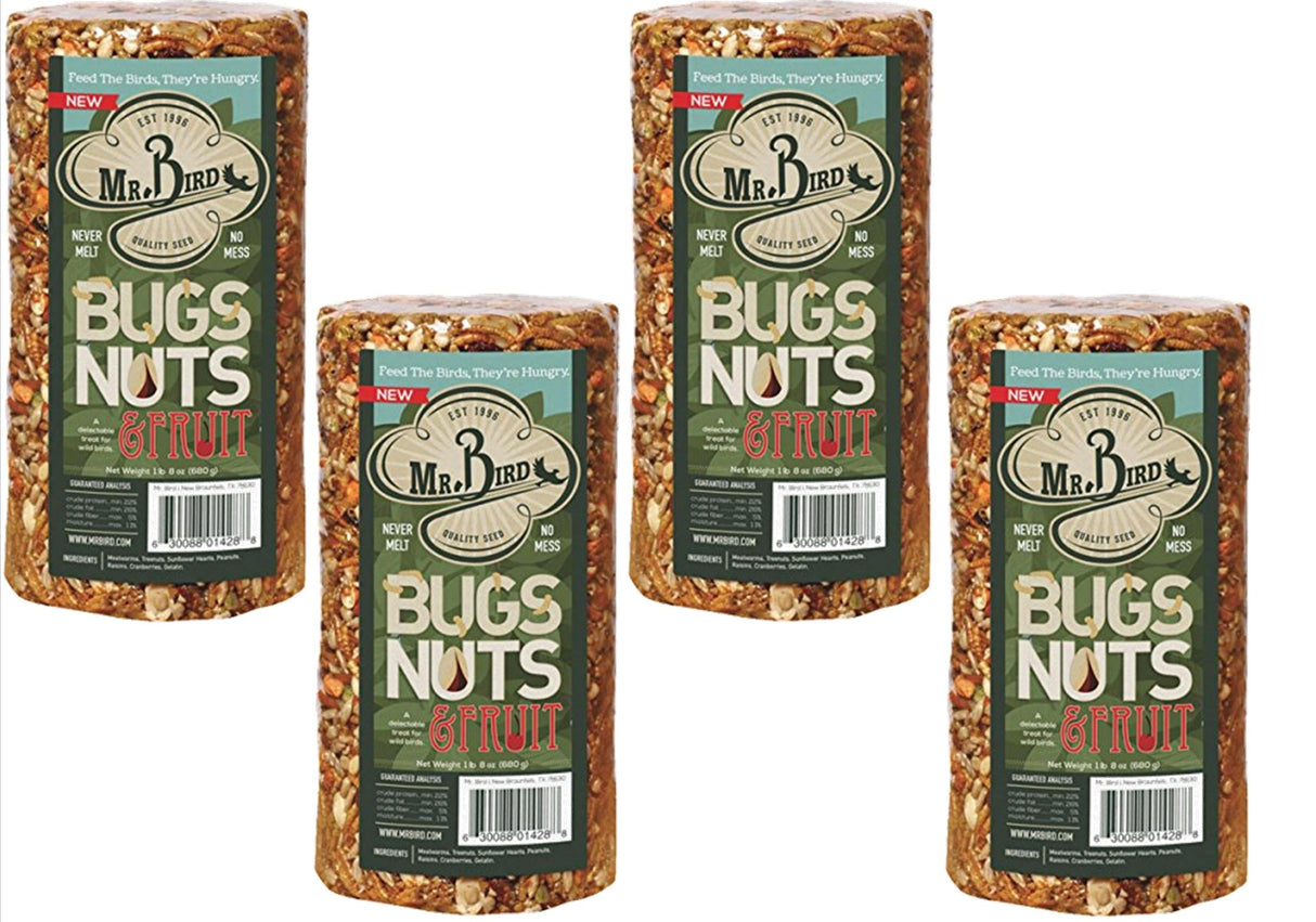 Mr. Bird Bugs, Nuts, & Fruit Small Wild Bird Seed Cylinder 24 oz in 4 pack, ideal for attracting wild birds.