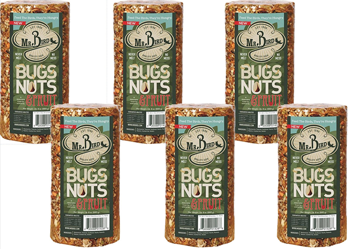 Mr. Bird Bugs, Nuts, & Fruit Small Wild Bird Seed Cylinder 24 oz. in a 6-pack, featuring meal worms and tree nuts.