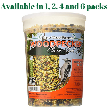 Pine Tree Farms Woodpecker Seed Log 76 oz, wild bird food, available in 1, 2, 4, and 6 packs, variety of seeds and nuts.