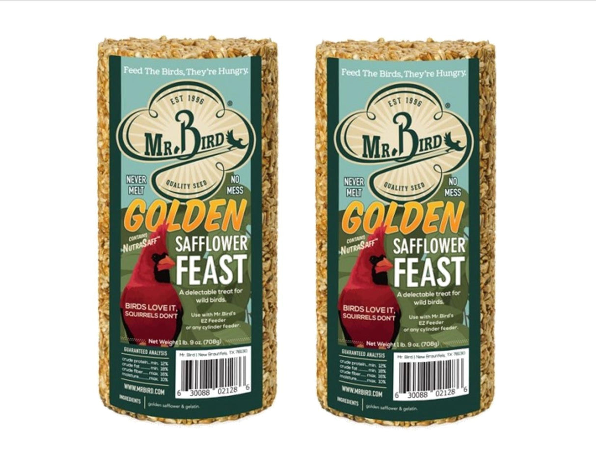 Mr. Bird Golden Safflower Feast Small Wild Bird Seed Cylinder 25 oz. perfect for attracting birds, resistant to squirrels.