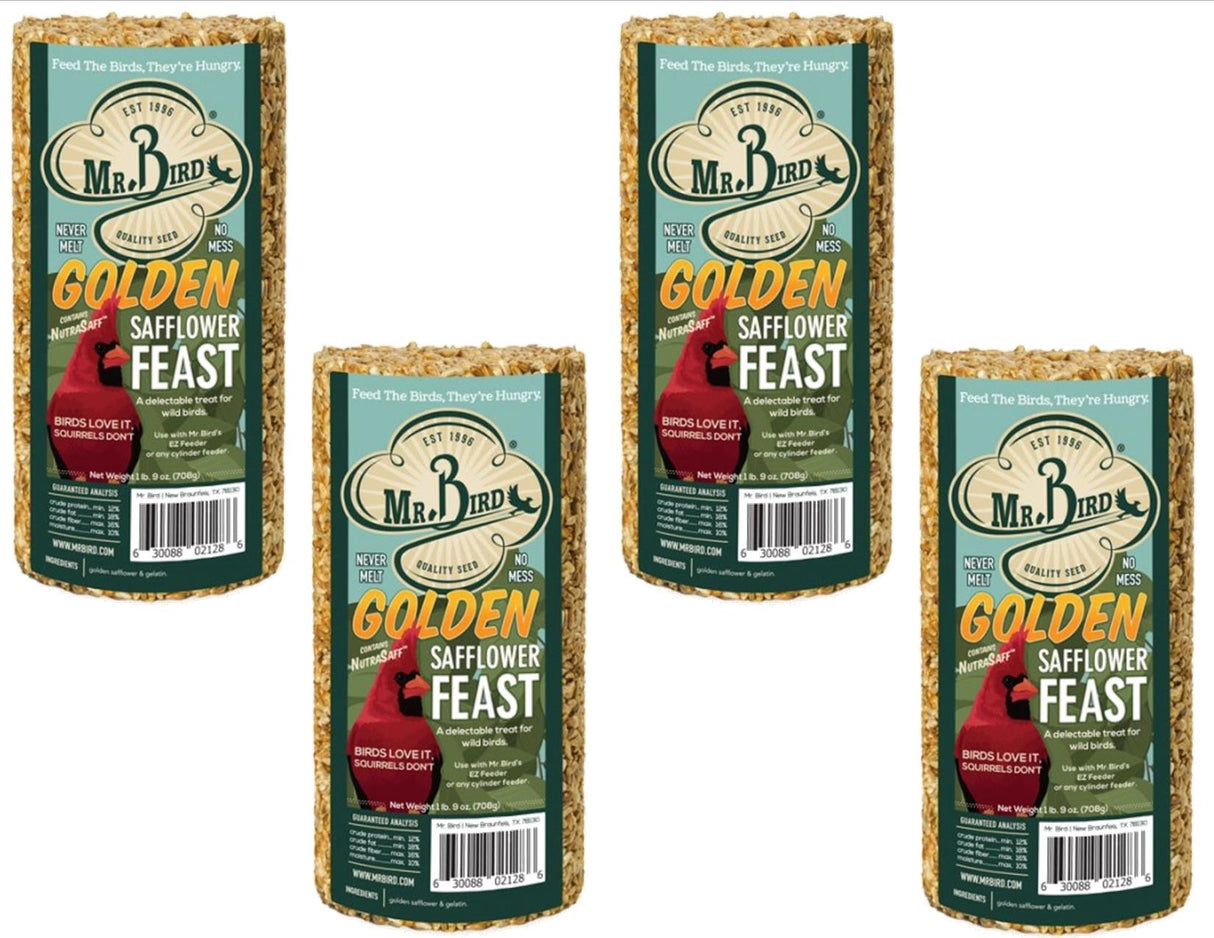 Mr. Bird Golden Safflower Feast Small Wild Bird Seed Cylinder 25 oz. for attracting birds, displayed in a pack of four.