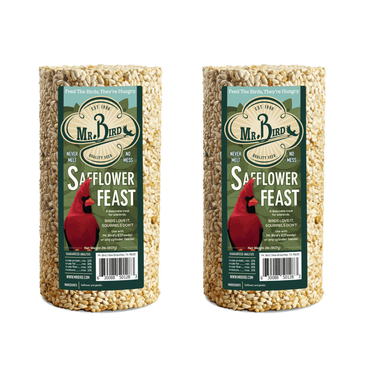 Mr. Bird Safflower Feast Small Wild Bird Seed Cylinder 32 oz., perfect for attracting cardinals and minimizing waste.