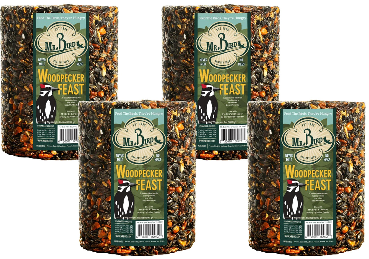 Mr. Bird Woodpecker Feast large wild bird seed cylinder pack of four, perfect for woodpeckers and fruit-loving birds.