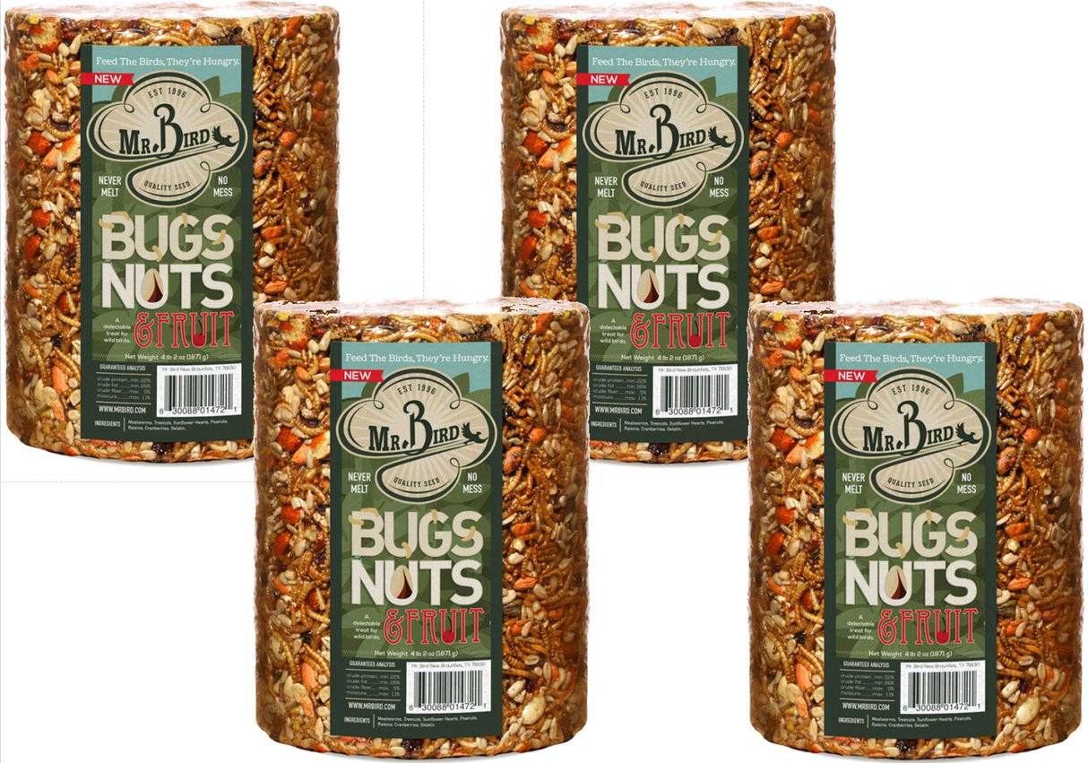 Mr. Bird Bugs Nuts & Fruit birdseed four cylindrical packages showing mealworms, treenuts, and cranberries