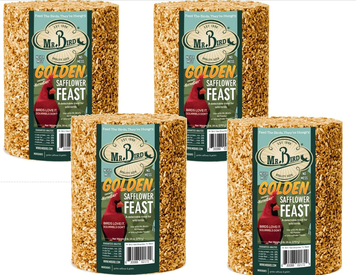 Mr. Bird Golden Safflower Feast large wild bird seed cylinders in 4-pack, ideal for attracting backyard birds.