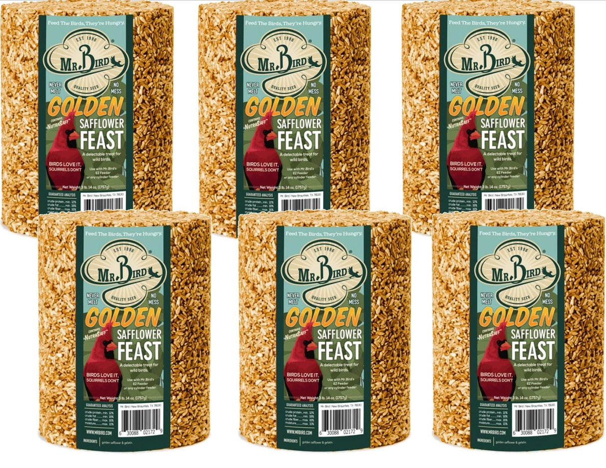 Mr. Bird Golden Safflower Feast Large Wild Bird Seed Cylinder 62 oz. in packs of 1, 2, 4, and 6.
