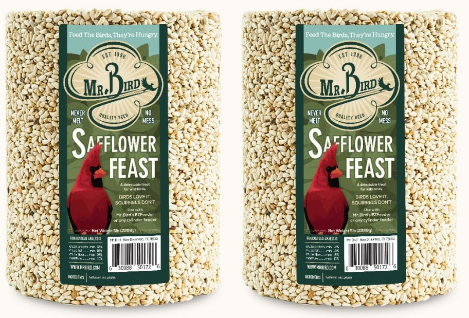 Mr. Bird Safflower Feast Large Wild Bird Seed Cylinder 5 lbs pack, perfect for attracting cardinals and minimizing waste.