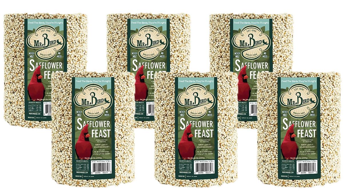 Mr. Bird Safflower Feast Large Wild Bird Seed Cylinder 5 lbs., pack of 6 for attracting cardinals.